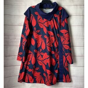 Reborn Navy Blue with Red Leaf Pattern Dress Folded Cowl Neck Fall Leaves XL